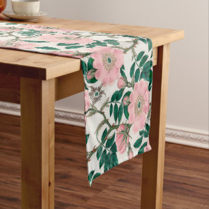 Pink Wild Rose Flowers & Green Leaves Pattern Short Table Runner