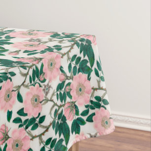 Pink Wild Rose Flowers & Green Leaves Pattern Tablecloth