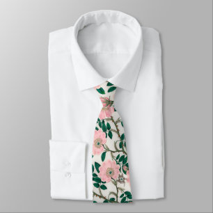 Pink Wild Rose Flowers & Green Leaves Pattern Tie