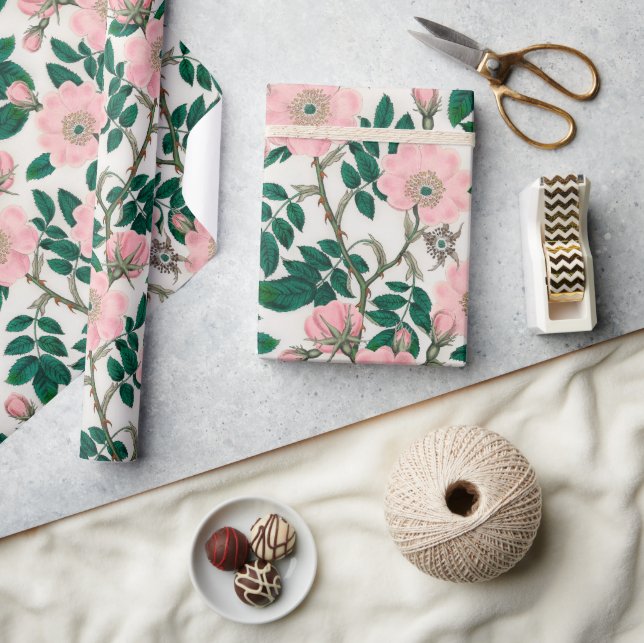 Pink Wild Rose Flowers & Green Leaves Pattern Wrapping Paper (Crafts)