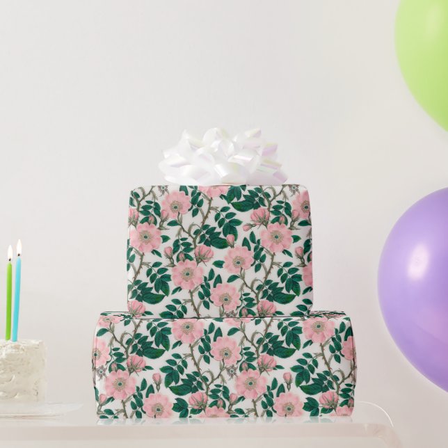 Pink Wild Rose Flowers & Green Leaves Pattern Wrapping Paper (Party Gifts)