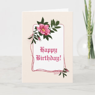 Pink wild rose, linen floral Happy Birthday Card