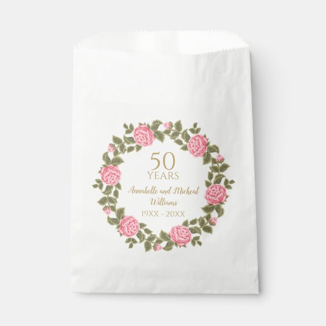 PINK WILD ROSES Floral Garland 50th Wedding  Favour Bag (Front)