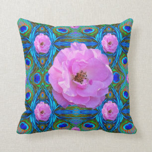 PINK WILD ROSES ON BLUE GEOMETRIC ART CUSHION