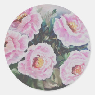 PINK WILD ROSES PAINTING  CLASSIC ROUND STICKER