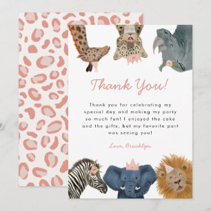 Pink Wild Safari Animals Birthday Party  Thank You Card