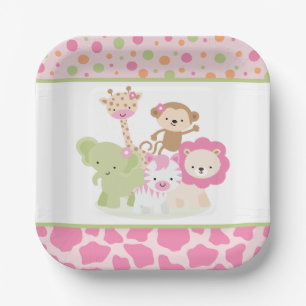 Pink Wild Safari Jungle Animals Party Paper Plate
