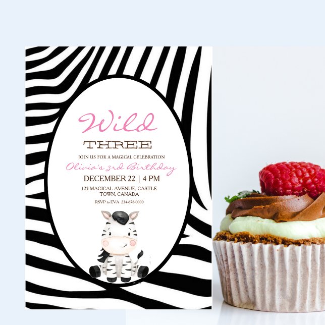 Pink Wild Three Zebra 3rd Birthday Party  Invitation (Creator Uploaded)