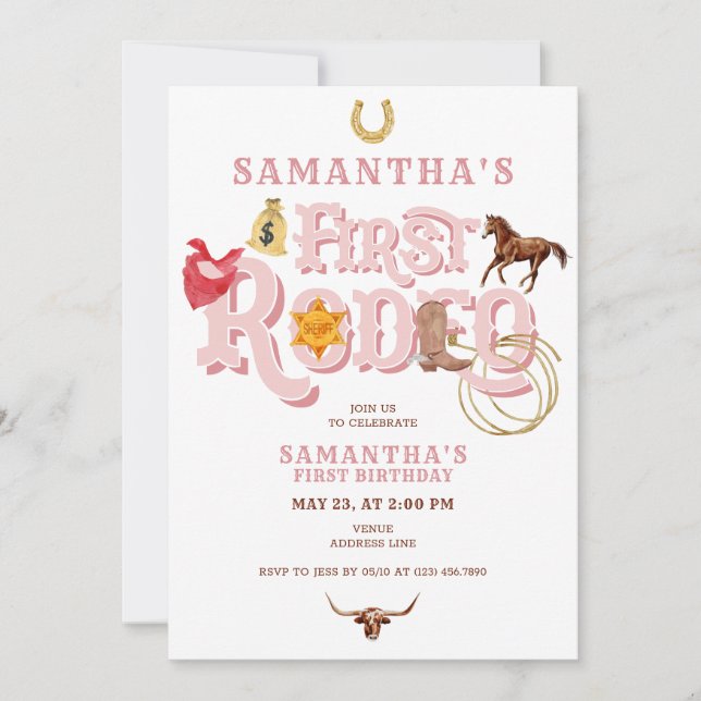 Pink Wild West First Rodeo Baby Girl 1st Birthday Invitation (Front)