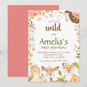 Pink Wild Woodland Animals 1st Birthday Invitation