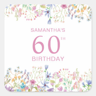Pink Wildflower 60th Birthday Square Sticker