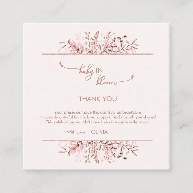 Pink Wildflower Baby in Bloom Thank You  Enclosure Card (Front)