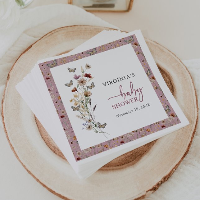 Pink Wildflower Baby Shower Napkin (Dusty Pink Wildflower Baby Shower Napkins with Butterflies by Painted Paperie
)