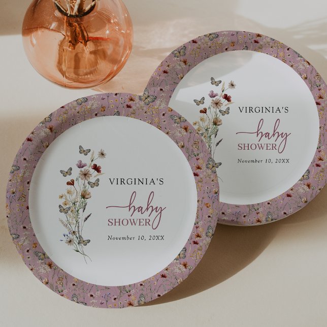 Pink Wildflower Baby Shower Paper Plate (Dusty Pink Wildflower Baby Shower Paper Plates by Painted Paperie
)