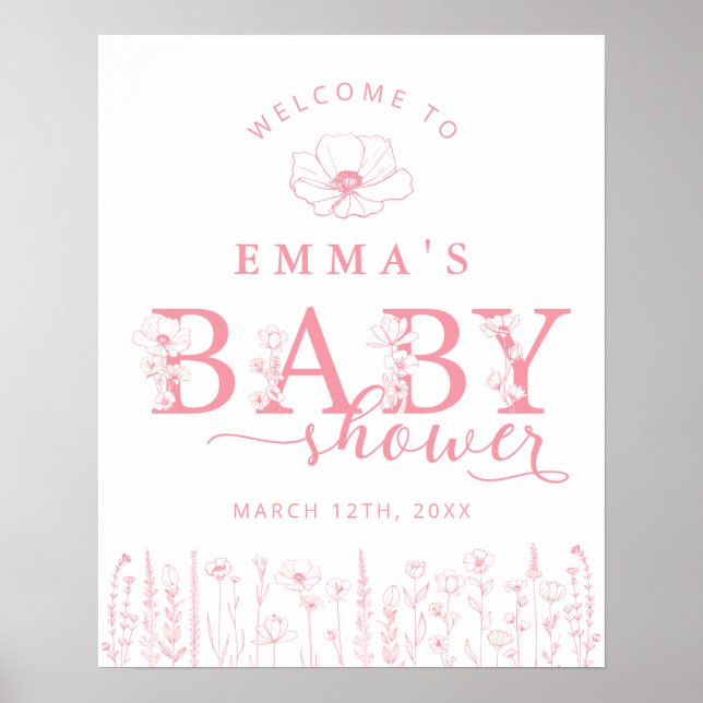 Pink Wildflower Baby Shower Welcome Sign (Front)