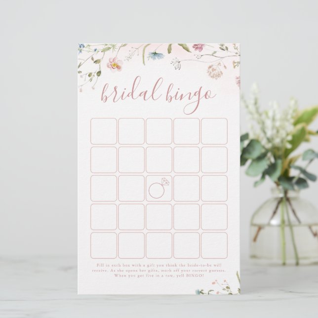 Pink Wildflower Boho bridal shower bingo game (Standing Front)