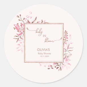 Pink Wildflower Border Baby in Bloom Baby Shower Classic Round Sticker