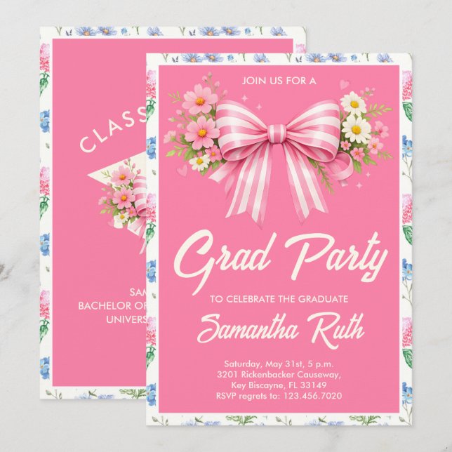Pink Wildflower Bow Graduation Party  Invitation (Front/Back)