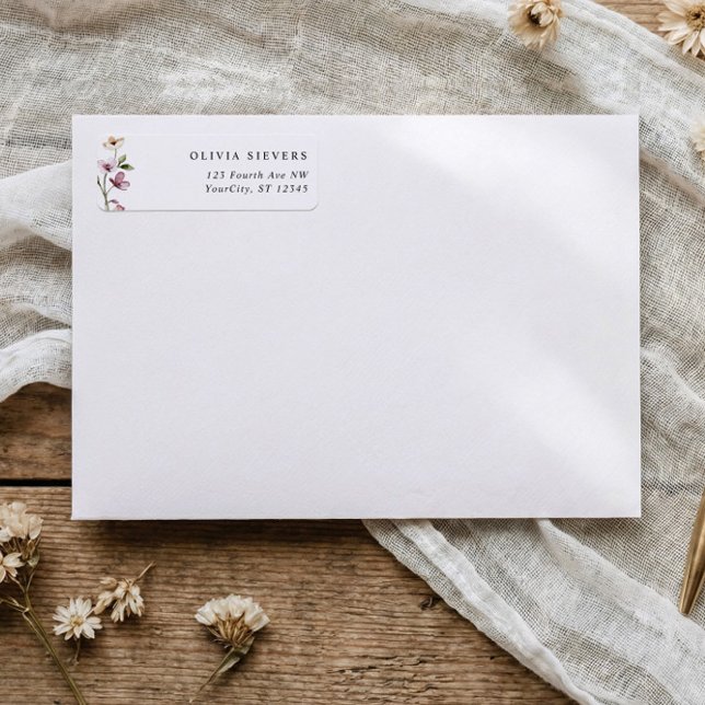 Pink Wildflower Bridal Shower Return Address Return Address Label (Floral wildflower return address labels with soft watercolor flowers and greenery)