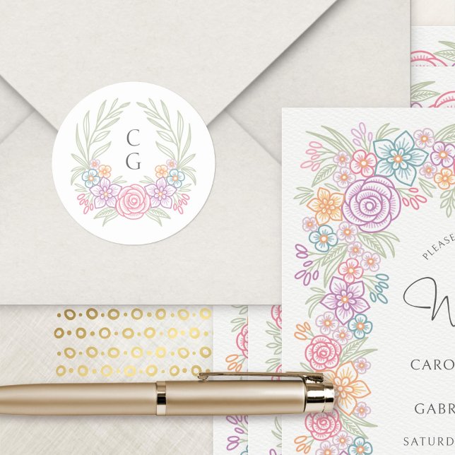 Pink Wildflower Crest Wreath Wedding Classic Round Sticker (Creator Uploaded)