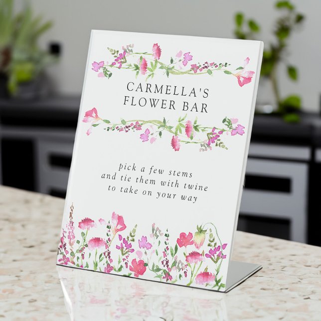 Pink Wildflower Editable Flower Bar Tabletop Pedestal Sign (Flower Bar tabletop sign from my Pink Wildflower Bridal Shower collection)