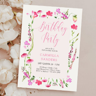 Pink Wildflower Elegant Feminine Birthday Party Invitation