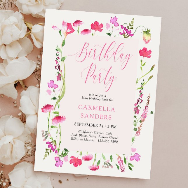 Pink Wildflower Elegant Feminine Birthday Party Invitation (Pretty Pink Wildflower Birthday Party Invitation by Darling & May)