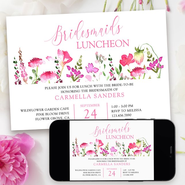 Pink Wildflower Feminine Bridesmaids Luncheon Invitation (Bridal Shower Invitation from my Pink Wildflower Collection.)