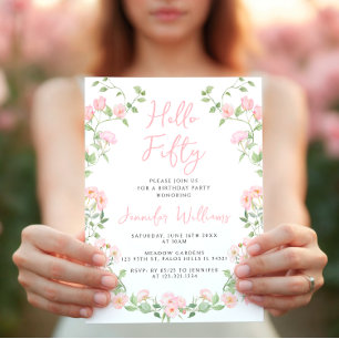 Pink Wildflower Floral Boho 50th Birthday Invitation