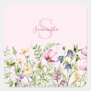 Pink Wildflower Floral Personalised Square Sticker