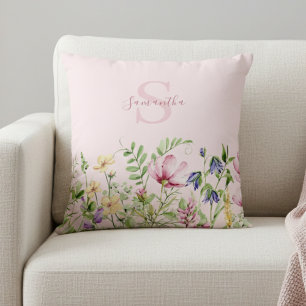 Pink Wildflower Floral Personalised Throw Pillow