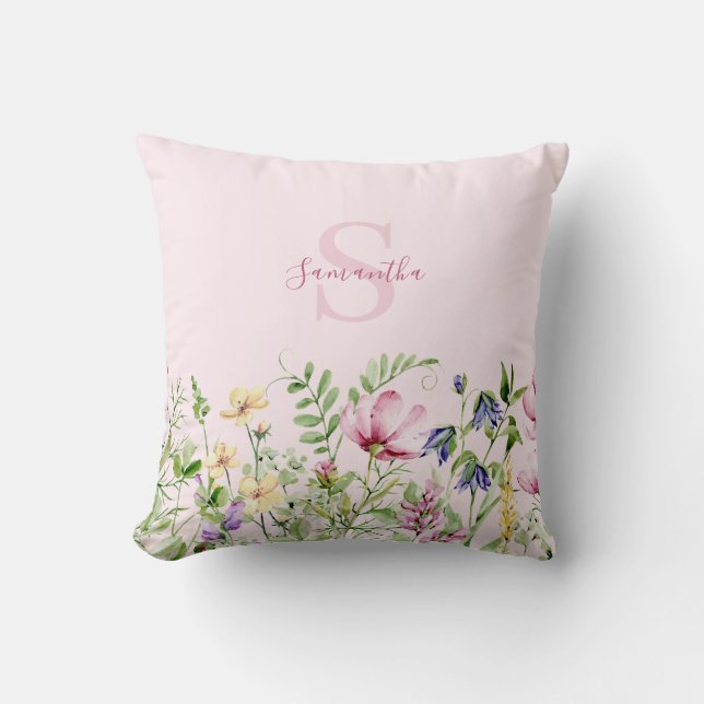 Pink Wildflower Floral Personalised Throw Pillow (Front)