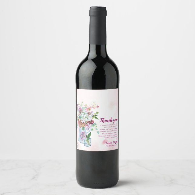 Pink Wildflower Floral Wedding Thank You Message Wine Label (Front)