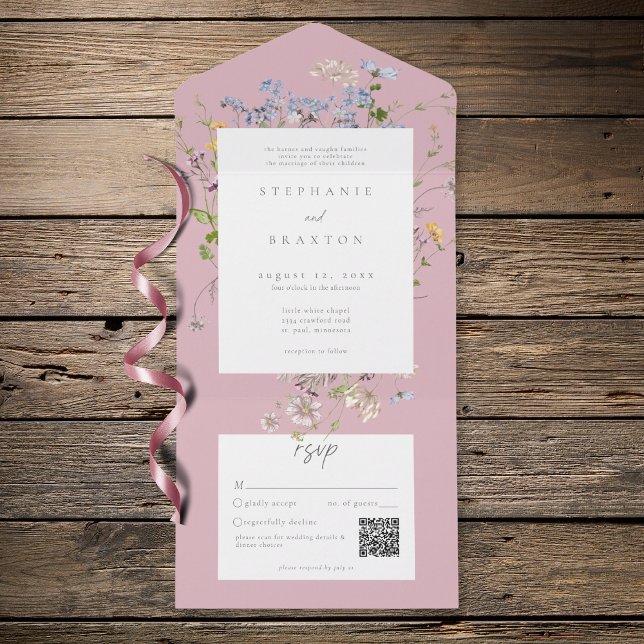 Pink Wildflower Garden Elegant Wedding QR All In One Invitation (Creator Uploaded)