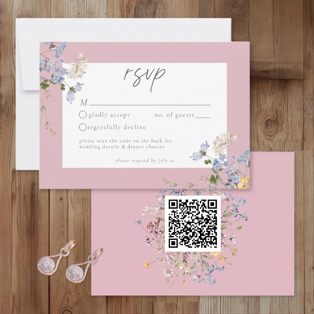 Pink Wildflower Garden Elegant Wedding QR RSVP Card (Creator Uploaded)