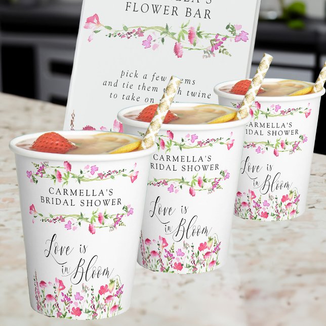 Pink Wildflower Love is in Bloom Bridal Shower Paper Cups (Love is in Bloom pretty pink floral paper cups from my Pink Wildflower Bridal Shower collection)