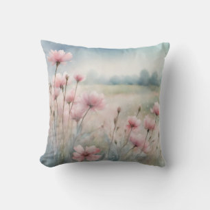 Pink Wildflower Meadow   Watercolor Flowers Cushion
