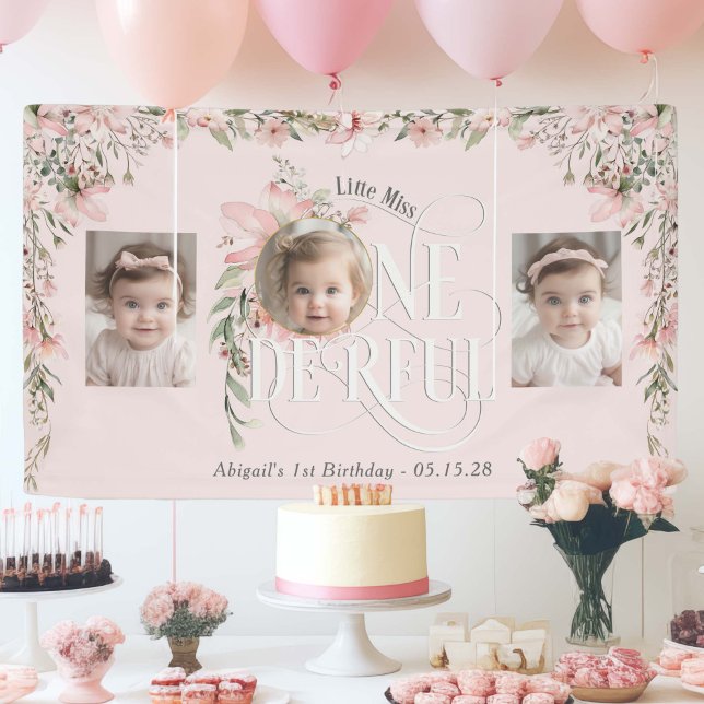 Pink Wildflower Miss Onederful 1st Photos backdrop Banner (Pink Wildflower style, Little Miss Onederful, baby girl 1st birthday backdrop with photos.)