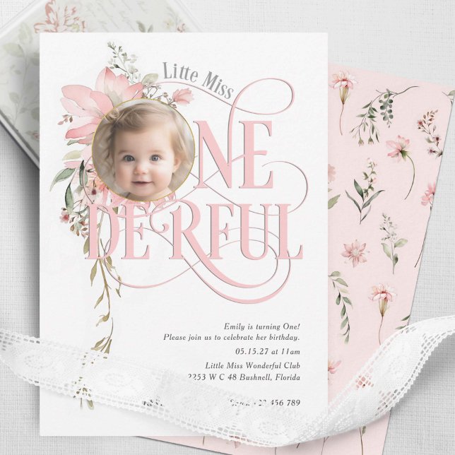 Pink Wildflower Miss Onederful Girl 1st birthday Invitation (Wild flower themed little miss onederland, baby girl 1st birthday invite.)