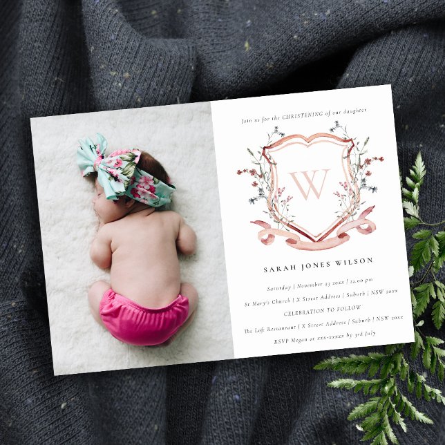 Pink Wildflower Monogram Crest Photo Christening Invitation (Creator Uploaded)