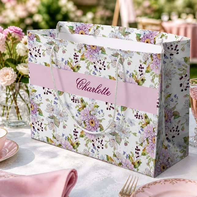 Pink Wildflower Monogram Floral Design Large Gift Bag (Pink Wildflower Monogram Floral Design Large Gift Bag)