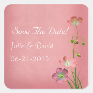 Pink Wildflower on Burgundy Wedding Save The Date Square Sticker