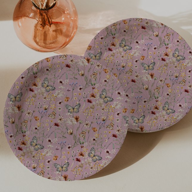 Pink Wildflower Paper Plate (Dusty Pink Wildflower Butterflies Paper Plates by Painted Paperie
)