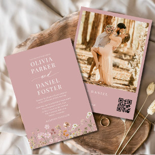 Pink Wildflower QR Code Photo Boho Wedding  Invitation