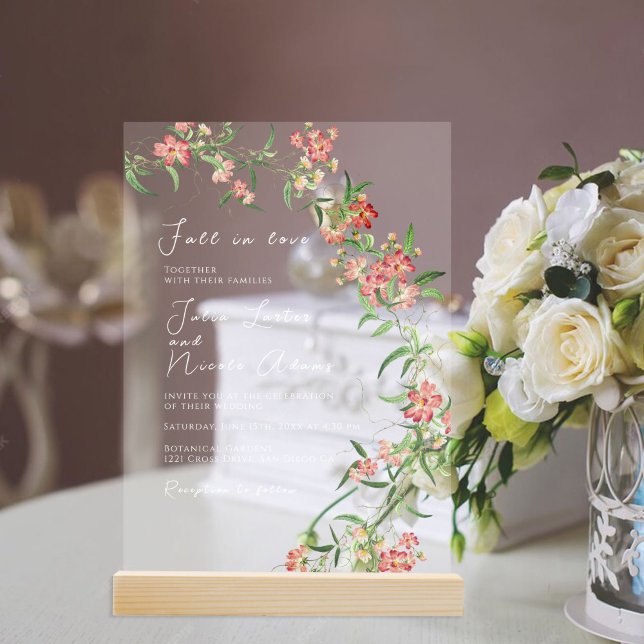 Pink Wildflower Rose Spring Garland Wedding Acrylic Invitations (Creator Uploaded)