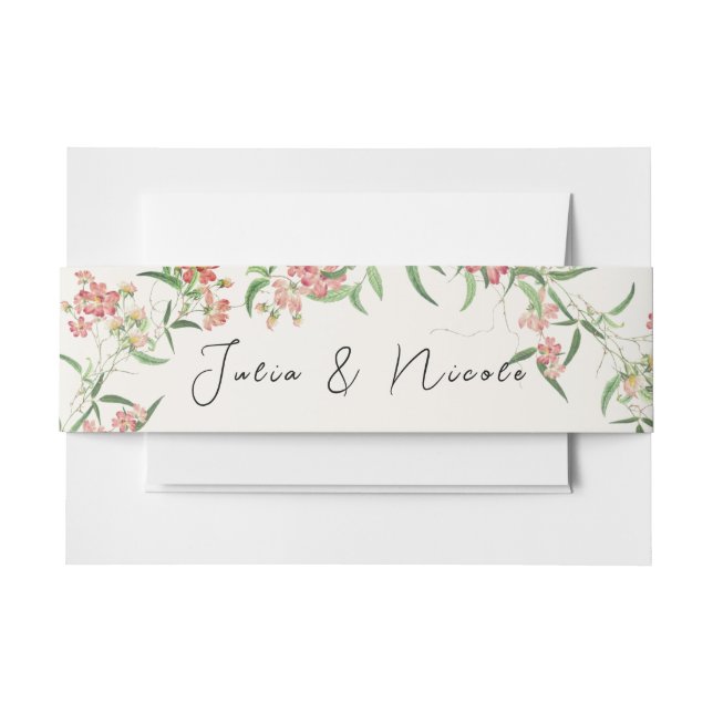 Pink Wildflower Rose Spring Garland Wedding Invitation Belly Band (Front Example)