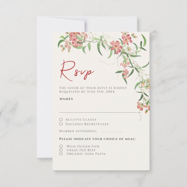 Pink Wildflower Rose Spring Garland Wedding RSVP Card (Front)