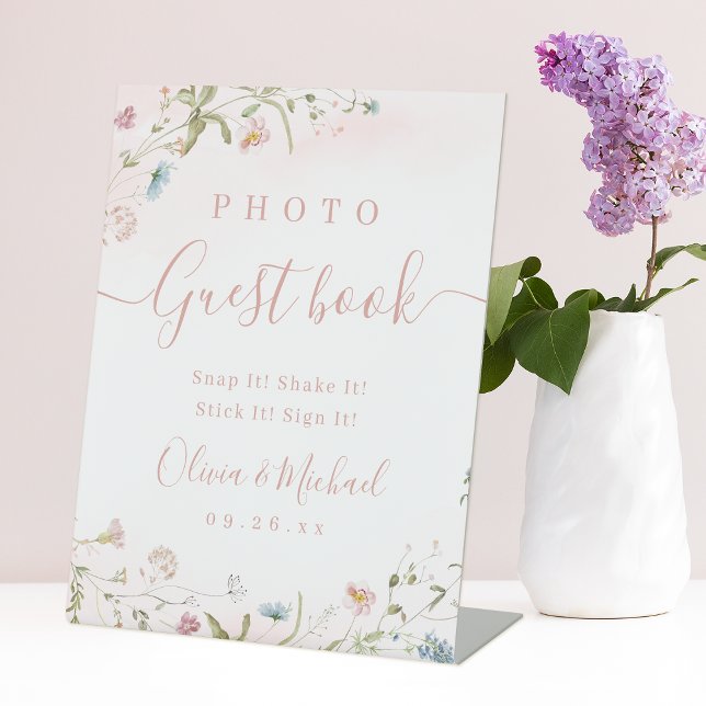Pink Wildflower rustic Wedding Photo Guest Book Pedestal Sign (Pink Wildflower rustic Wedding Photo Guest Book Pedestal Sign)