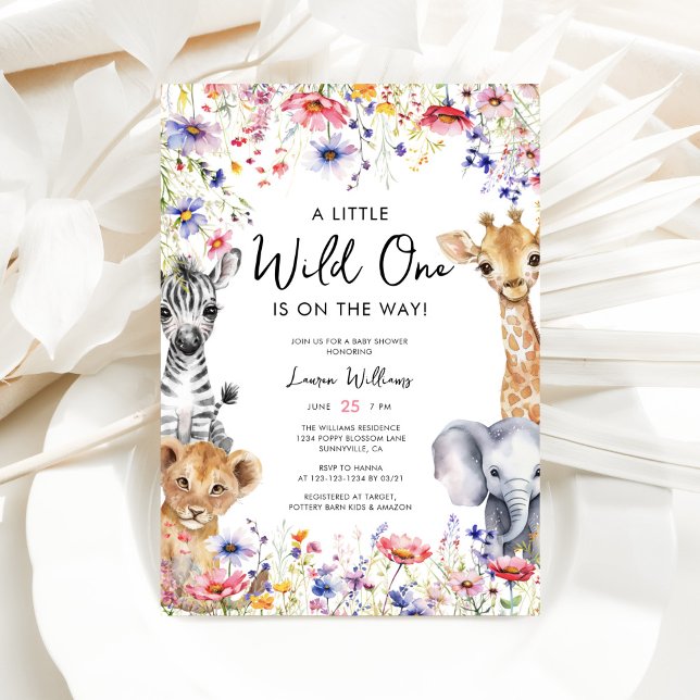 Pink Wildflower Safari Animals Girl Baby Shower Invitation (Creator Uploaded)
