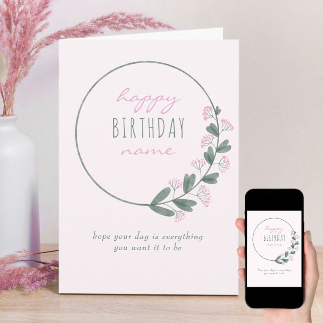Pink Wildflower Simple Personalised Happy Birthday Card (Creator Uploaded)